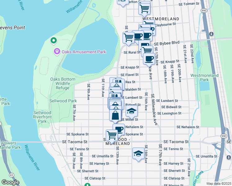 map of restaurants, bars, coffee shops, grocery stores, and more near 1221 Southeast Malden Street in Portland