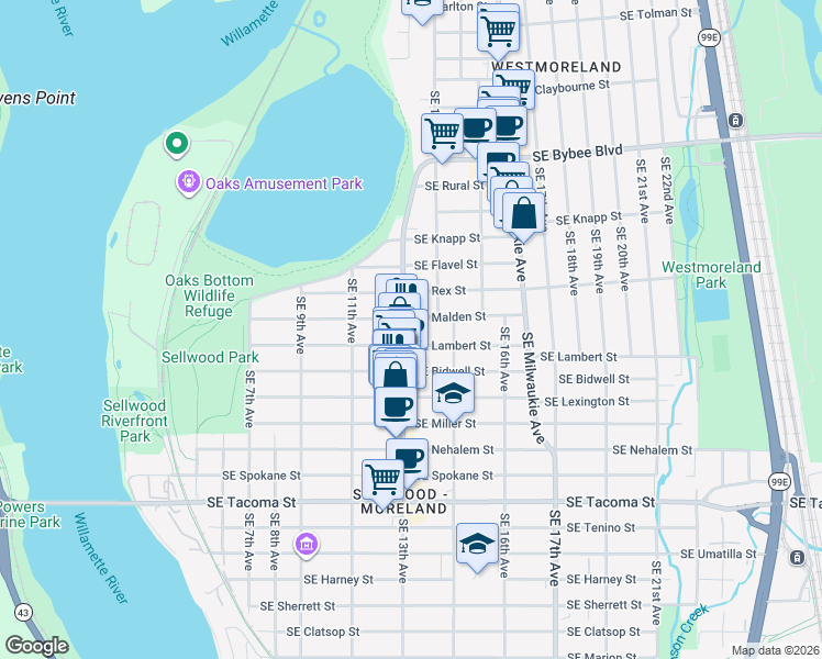 map of restaurants, bars, coffee shops, grocery stores, and more near 1343 Southeast Malden Street in Portland