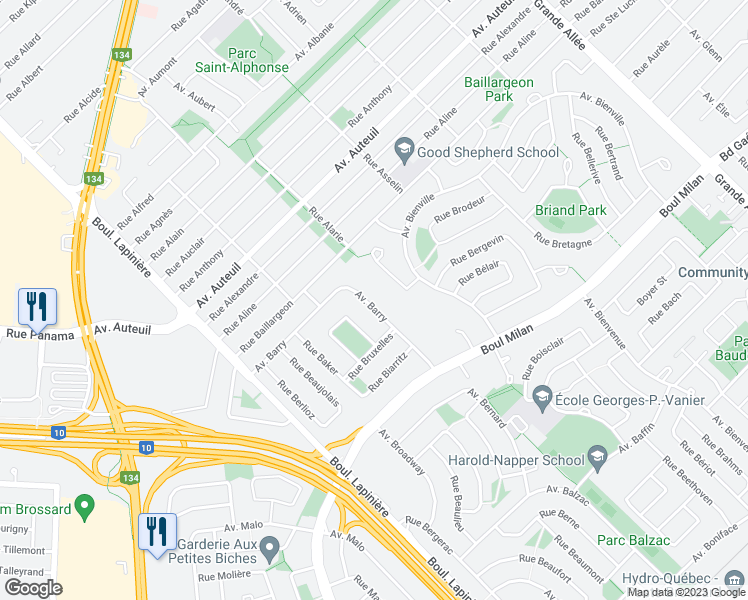 map of restaurants, bars, coffee shops, grocery stores, and more near 2840 Avenue Barry in Brossard