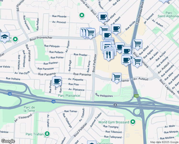 map of restaurants, bars, coffee shops, grocery stores, and more near 6265 Rue Parny in Brossard