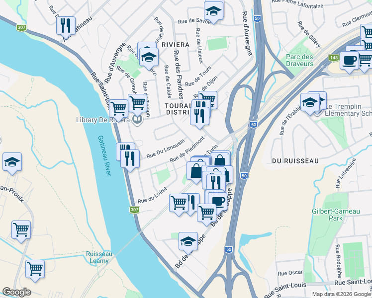 map of restaurants, bars, coffee shops, grocery stores, and more near 69 Rue de Piedmont in Gatineau