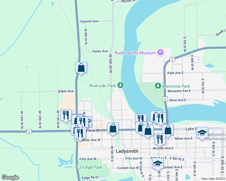map of restaurants, bars, coffee shops, grocery stores, and more near Baker Avenue in Ladysmith