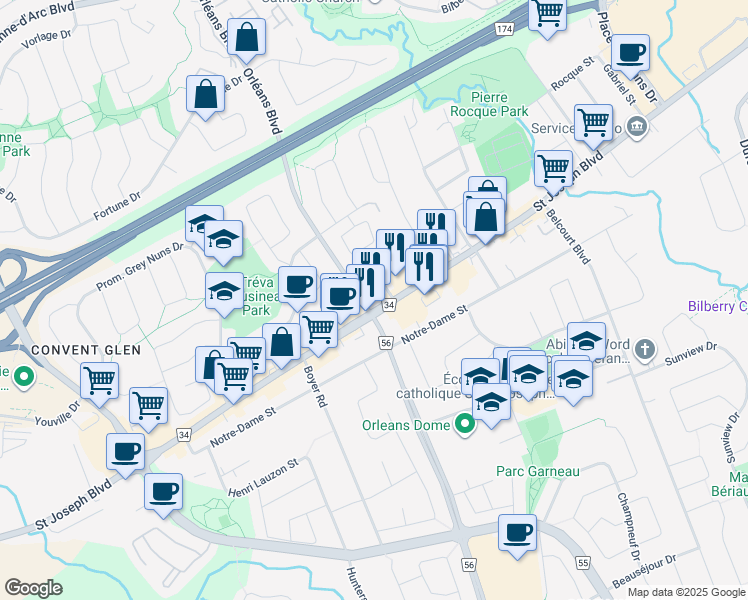 map of restaurants, bars, coffee shops, grocery stores, and more near in Ottawa