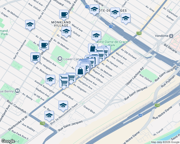 map of restaurants, bars, coffee shops, grocery stores, and more near 5870 Sherbrooke Street West in Montreal