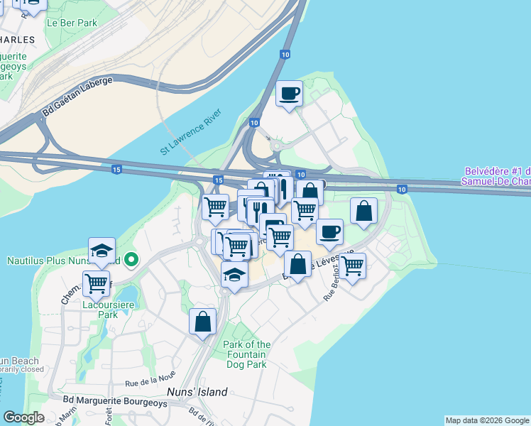 map of restaurants, bars, coffee shops, grocery stores, and more near in Montreal