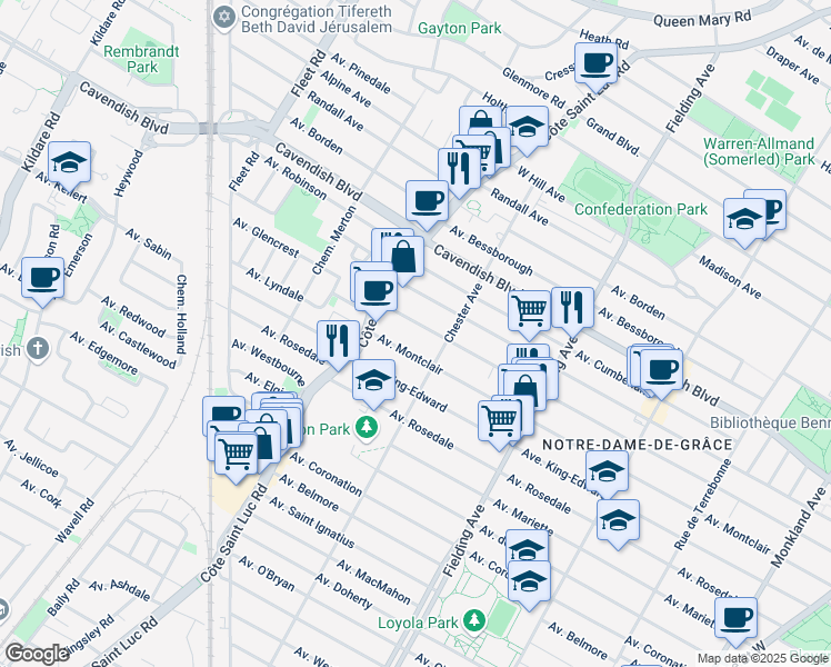 map of restaurants, bars, coffee shops, grocery stores, and more near 5380 Avenue Walkley in Montréal