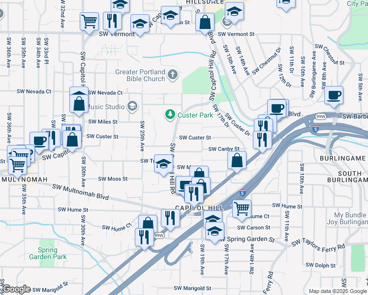 map of restaurants, bars, coffee shops, grocery stores, and more near 2004 Southwest Custer Street in Portland