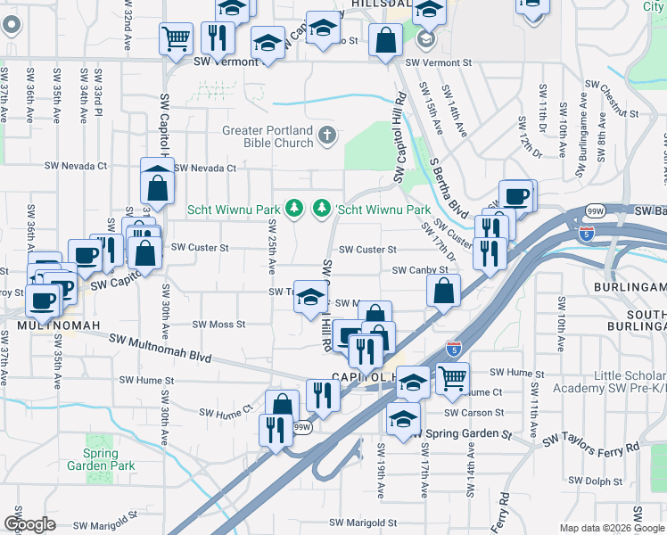 map of restaurants, bars, coffee shops, grocery stores, and more near 7541 Southwest Capitol Hill Road in Portland
