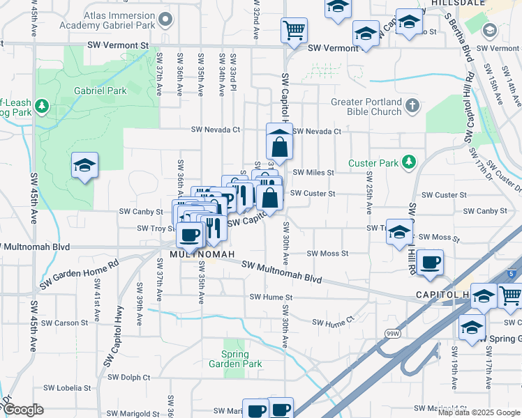 map of restaurants, bars, coffee shops, grocery stores, and more near 7611 Southwest 31st Avenue in Portland