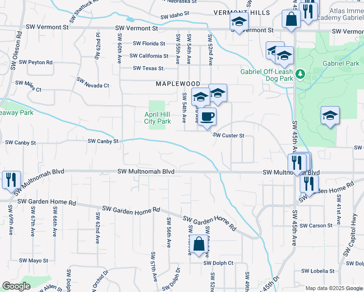 map of restaurants, bars, coffee shops, grocery stores, and more near 5352 Southwest Custer Street in Portland