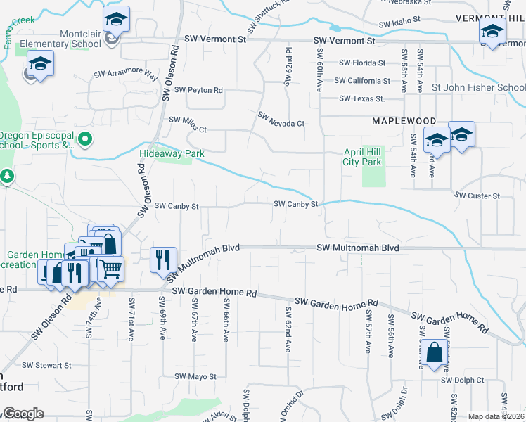map of restaurants, bars, coffee shops, grocery stores, and more near 6231 Southwest Canby Street in Portland