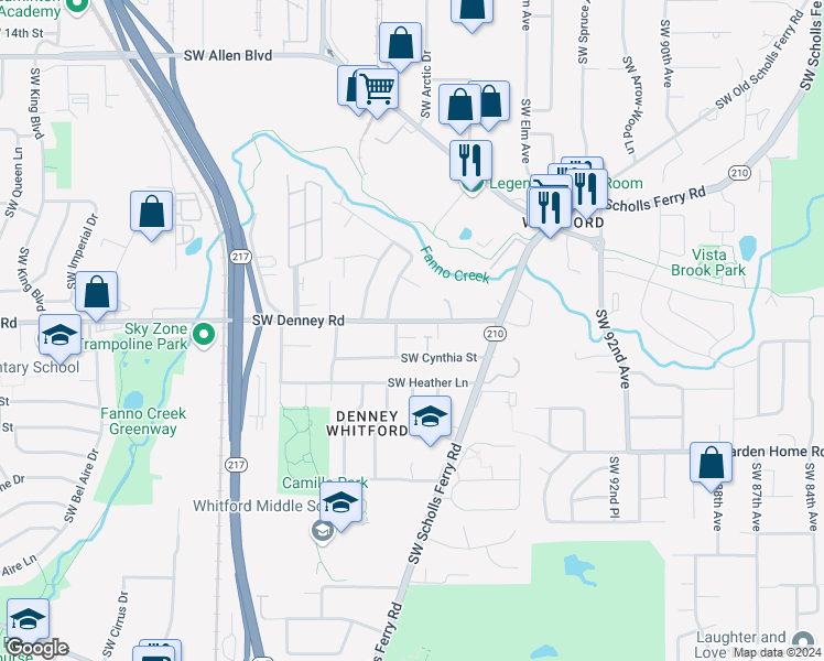 map of restaurants, bars, coffee shops, grocery stores, and more near 9995 Southwest Denney Road in Beaverton