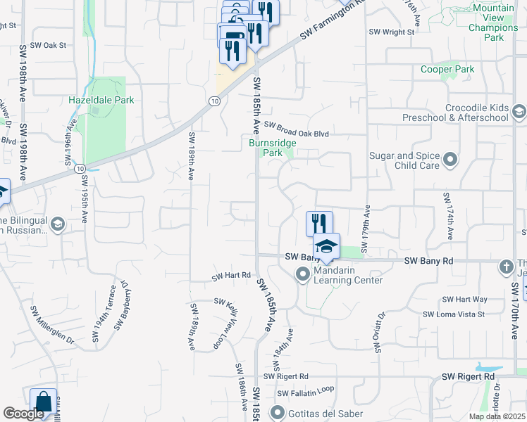 map of restaurants, bars, coffee shops, grocery stores, and more near 18491 Southwest Castle Court in Beaverton