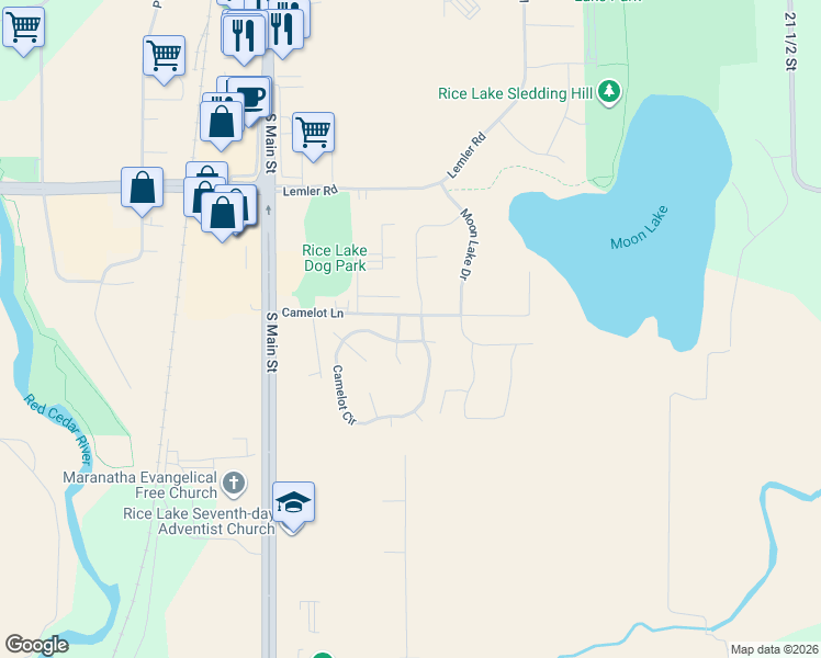 map of restaurants, bars, coffee shops, grocery stores, and more near 3000 Galahad Lane in Rice Lake