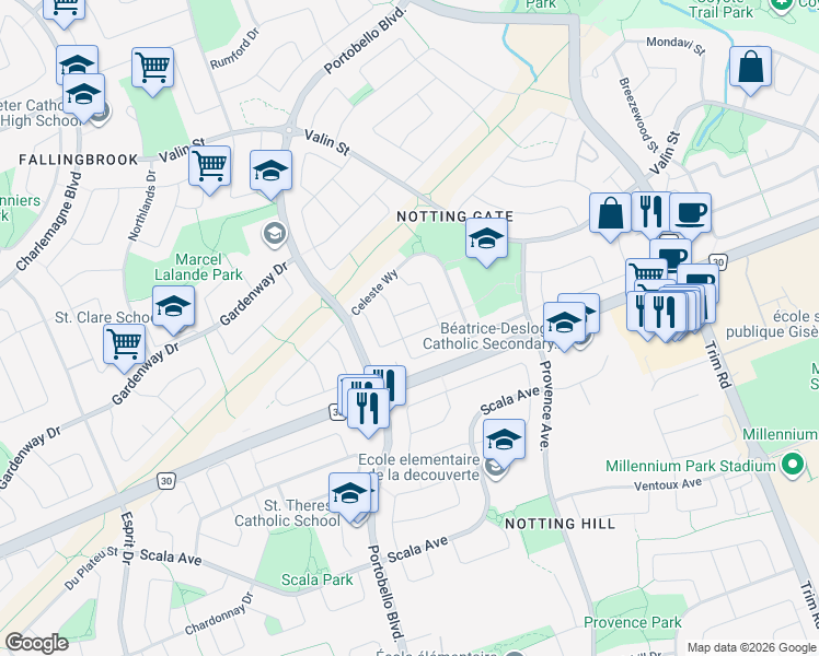 map of restaurants, bars, coffee shops, grocery stores, and more near 1023 Serenity Avenue in Ottawa