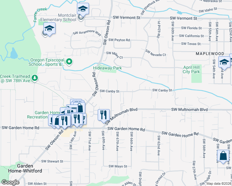map of restaurants, bars, coffee shops, grocery stores, and more near 6735 Southwest Canby Street in Portland