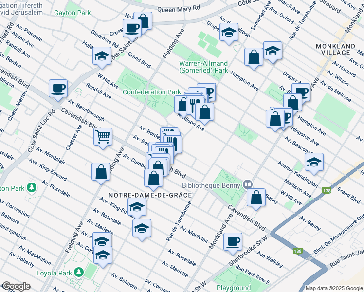 map of restaurants, bars, coffee shops, grocery stores, and more near 6380 Avenue Somerled in Montréal