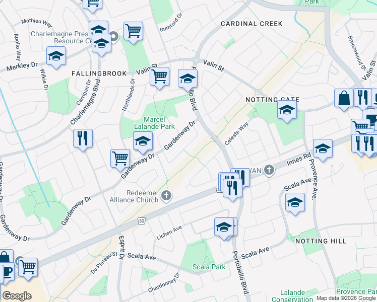 map of restaurants, bars, coffee shops, grocery stores, and more near 888 Paradise Crescent in Ottawa