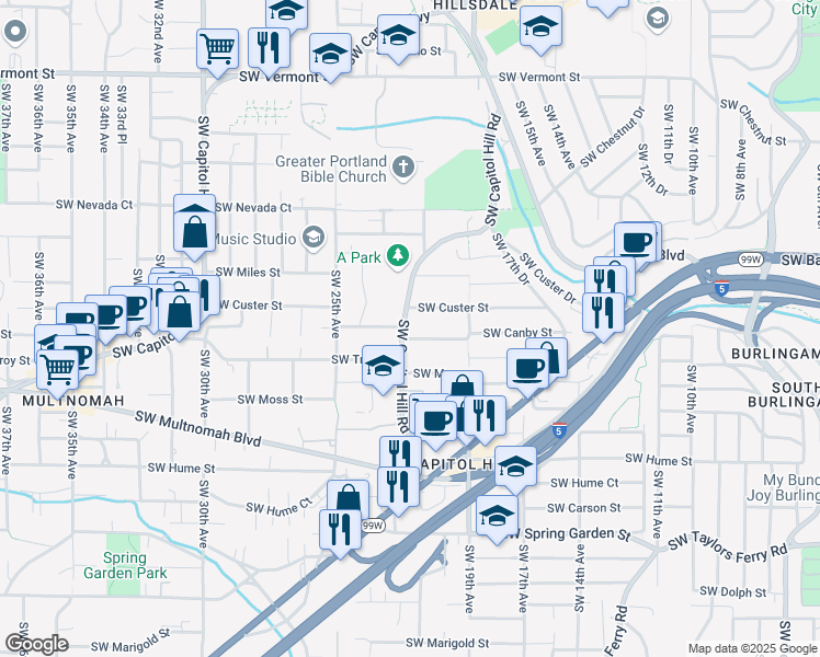 map of restaurants, bars, coffee shops, grocery stores, and more near 7636 Southwest Capitol Hill Road in Portland