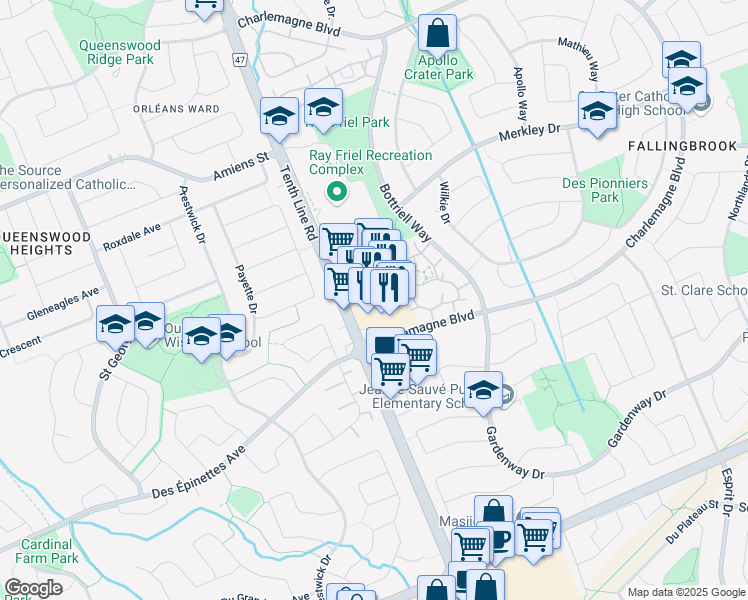 map of restaurants, bars, coffee shops, grocery stores, and more near 1675 Tenth Line Road in Ottawa