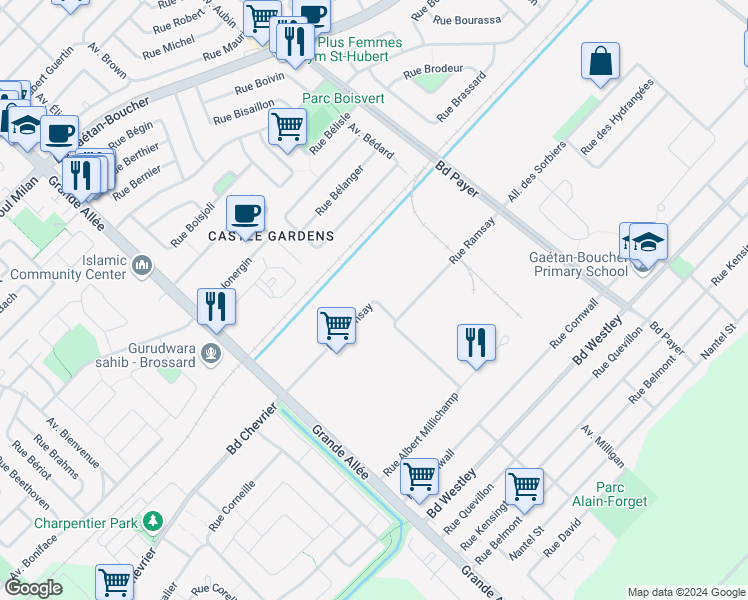 map of restaurants, bars, coffee shops, grocery stores, and more near 5260 Rue Ramsay in Longueuil