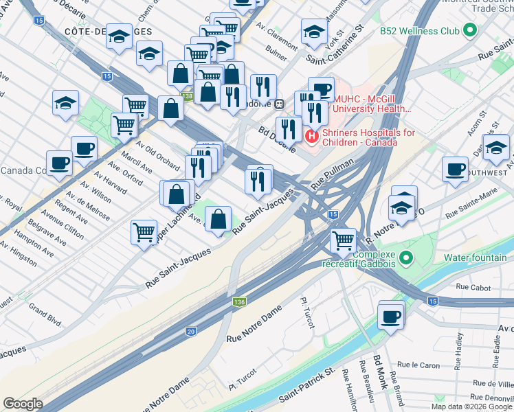 map of restaurants, bars, coffee shops, grocery stores, and more near 5515 Rue Saint-Jacques in Montréal