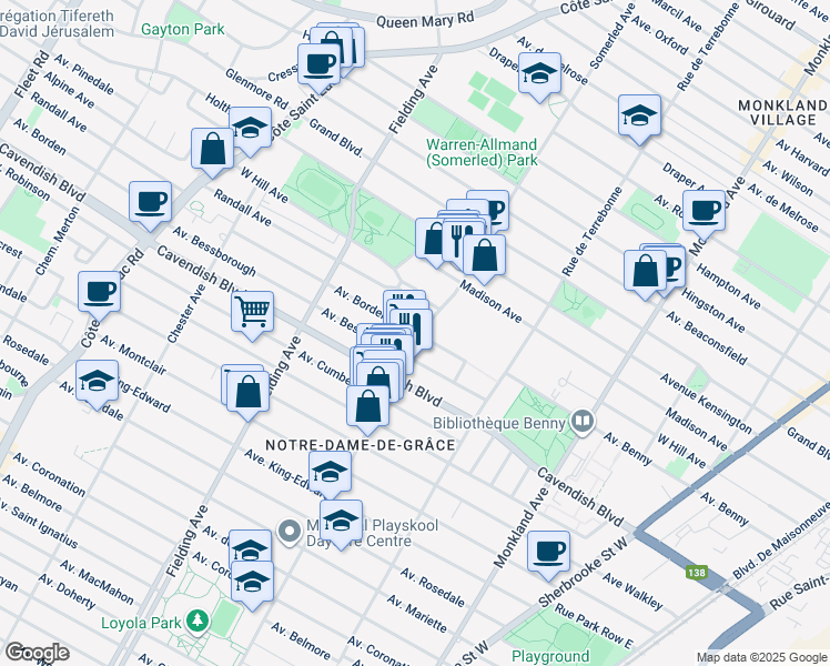 map of restaurants, bars, coffee shops, grocery stores, and more near 4820 Avenue Borden in Montreal