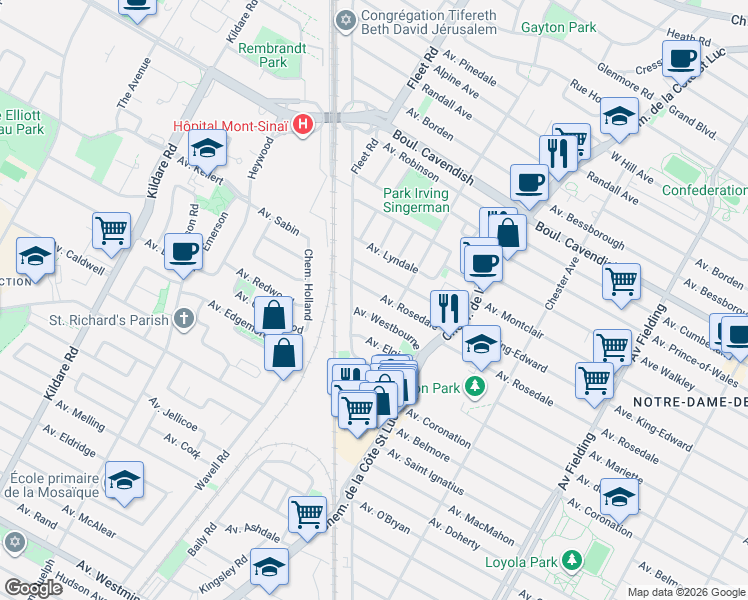 map of restaurants, bars, coffee shops, grocery stores, and more near 5560 Avenue Rosedale in Côte Saint-Luc