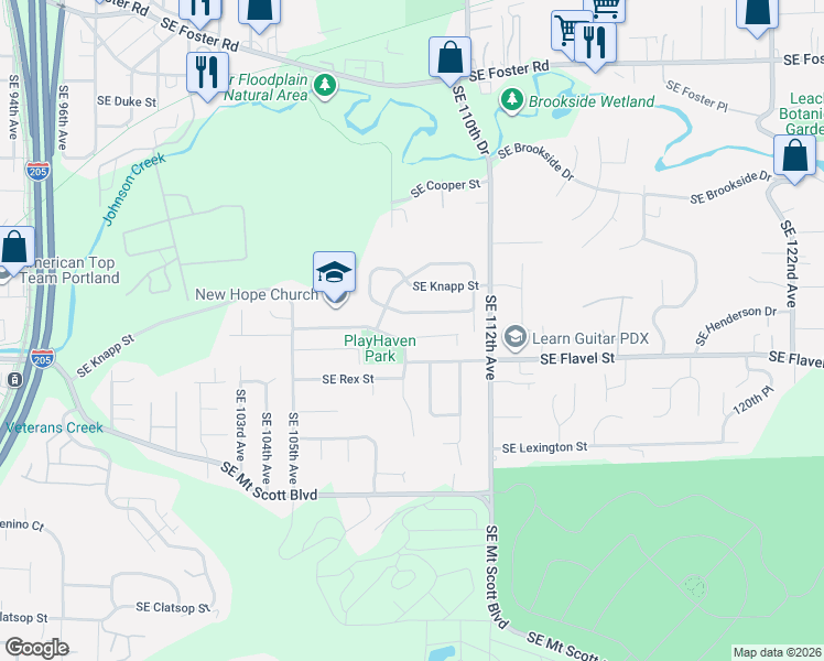 map of restaurants, bars, coffee shops, grocery stores, and more near 10905 Southeast Henderson Street in Portland