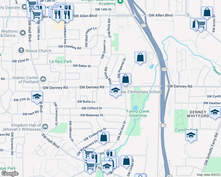 map of restaurants, bars, coffee shops, grocery stores, and more near 11350 Southwest Denney Road in Beaverton
