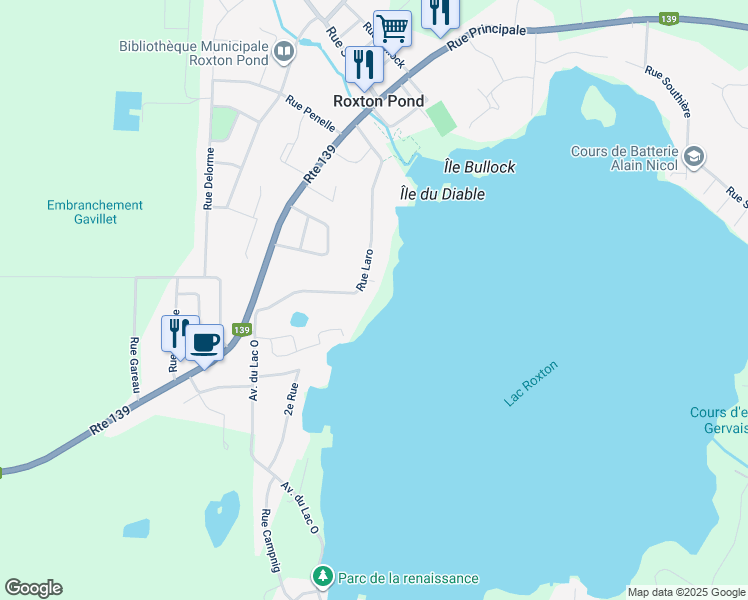 map of restaurants, bars, coffee shops, grocery stores, and more near 723 Rue Laro in Roxton Pond