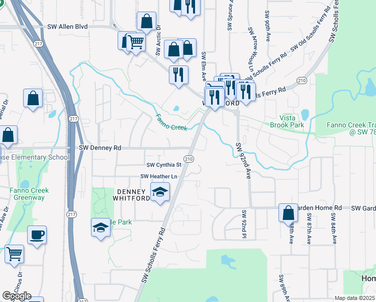 map of restaurants, bars, coffee shops, grocery stores, and more near 9721 Southwest Denney Road in Beaverton
