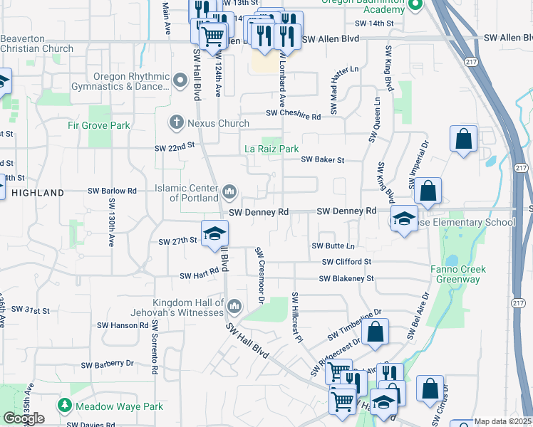 map of restaurants, bars, coffee shops, grocery stores, and more near 12130 Southwest Camden Lane in Beaverton
