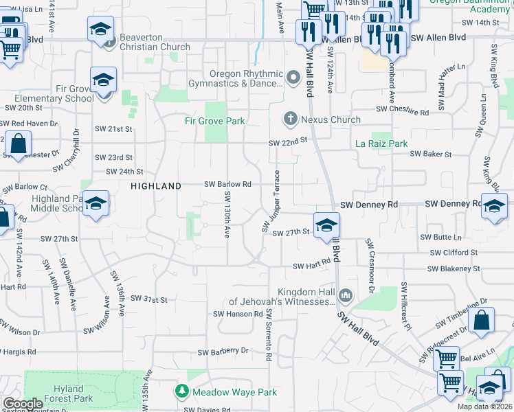 map of restaurants, bars, coffee shops, grocery stores, and more near 6980 Southwest Fir Court in Beaverton