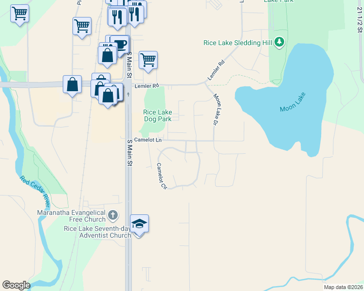 map of restaurants, bars, coffee shops, grocery stores, and more near 3000 Galahad Lane in Rice Lake