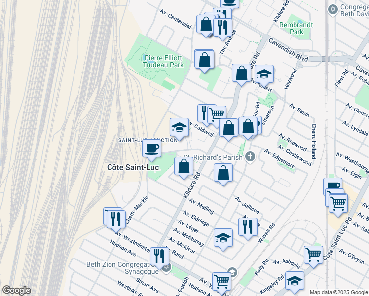 map of restaurants, bars, coffee shops, grocery stores, and more near 5785 Avenue Parkhaven in Cote-Saint-Luc