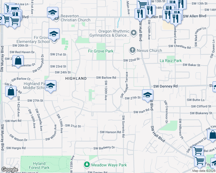 map of restaurants, bars, coffee shops, grocery stores, and more near 6980 Southwest 130th Avenue in Beaverton