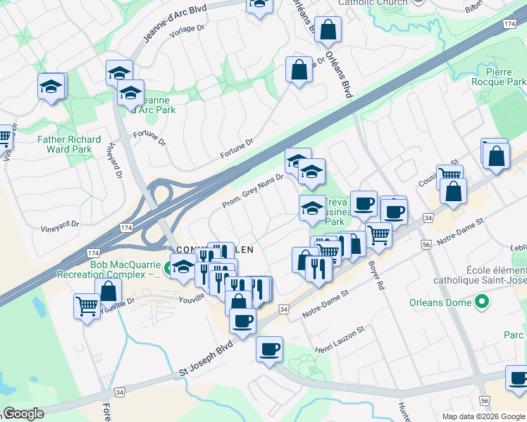 map of restaurants, bars, coffee shops, grocery stores, and more near 1729 Fieldstone Crescent in Ottawa
