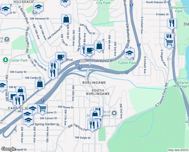 map of restaurants, bars, coffee shops, grocery stores, and more near 7750 Southwest 4th Avenue in Portland