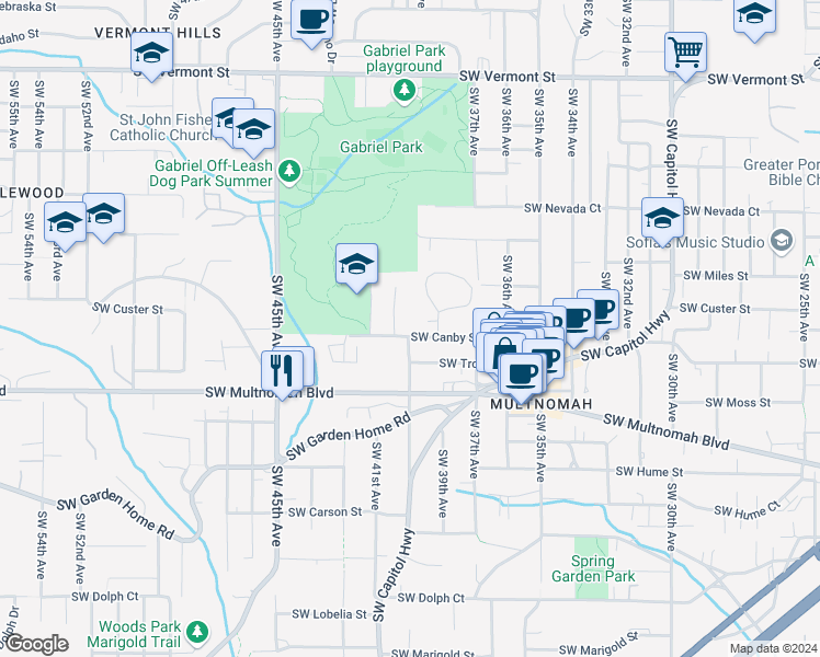 map of restaurants, bars, coffee shops, grocery stores, and more near 3945 Southwest Canby Street in Portland