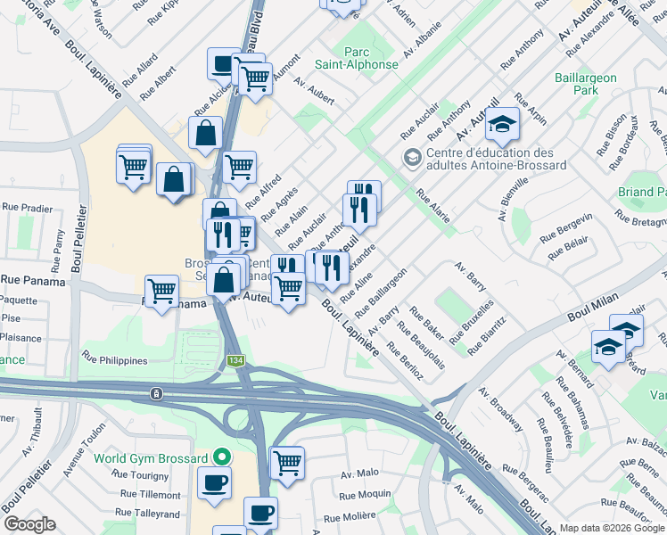 map of restaurants, bars, coffee shops, grocery stores, and more near 6060 Avenue Auteuil in Brossard