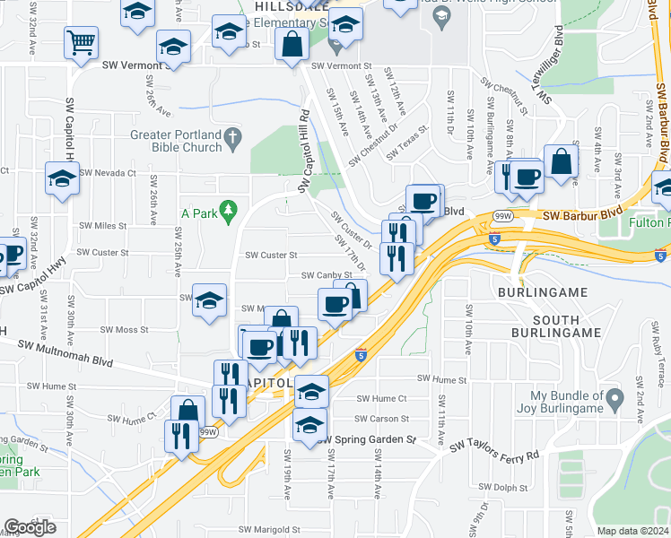 map of restaurants, bars, coffee shops, grocery stores, and more near 1633 Southwest Canby Street in Portland