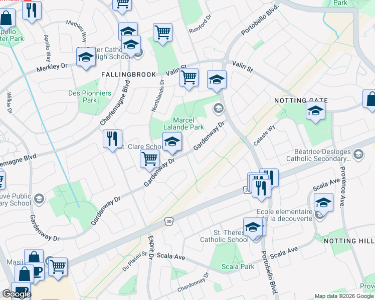 map of restaurants, bars, coffee shops, grocery stores, and more near 2145 Saturn Crescent in Ottawa