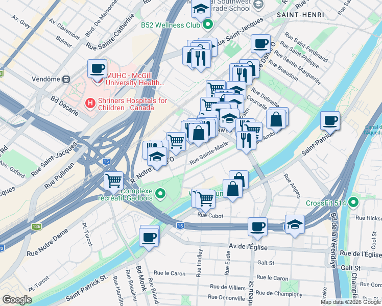 map of restaurants, bars, coffee shops, grocery stores, and more near 5208 Rue Notre-Dame Ouest in Montréal