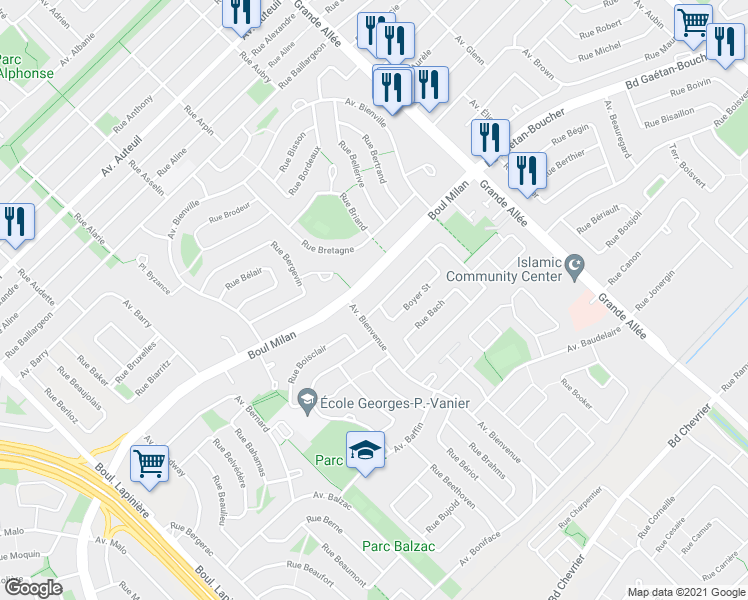 map of restaurants, bars, coffee shops, grocery stores, and more near 5960 Avenue Béliveau in Brossard