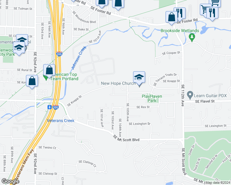 map of restaurants, bars, coffee shops, grocery stores, and more near 10307 Southeast Flavel Court in Portland