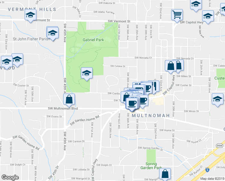 map of restaurants, bars, coffee shops, grocery stores, and more near 3825 Southwest Canby Street in Portland