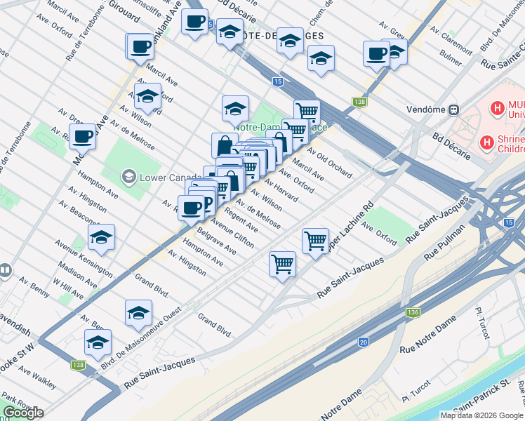 map of restaurants, bars, coffee shops, grocery stores, and more near 2265 Avenue de Melrose in Montréal