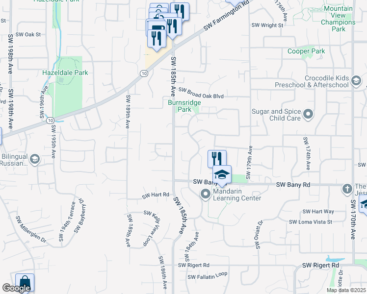 map of restaurants, bars, coffee shops, grocery stores, and more near 18491 Southwest Castle Court in Beaverton