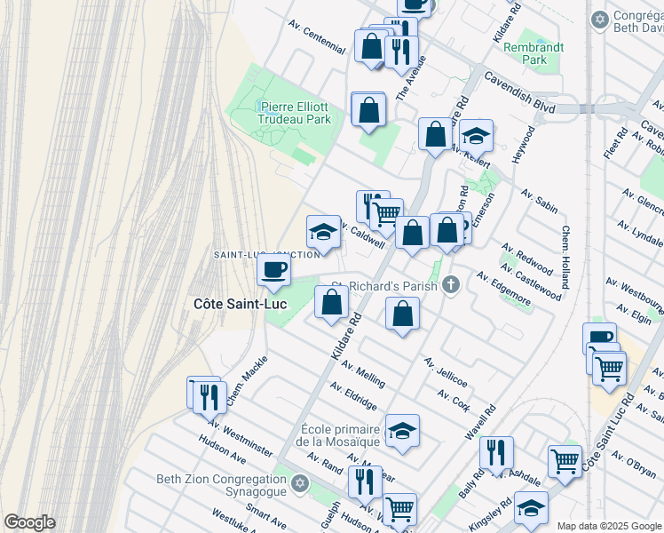 map of restaurants, bars, coffee shops, grocery stores, and more near 5785 Avenue Parkhaven in Cote-Saint-Luc